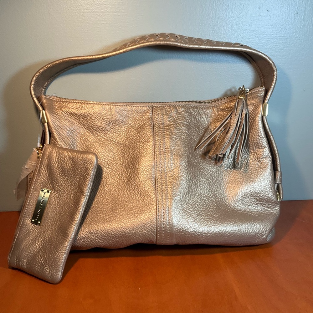 Elliott Lucca Leather Annabelle Antique Gold Bag with Cosmetic Bag NWT